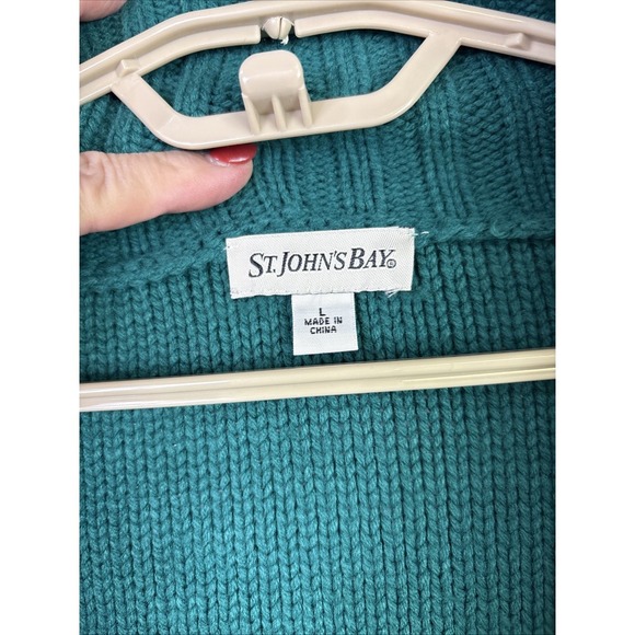 St. Johns Bay Cable Knit Sweater Womens Sz L Green Button up Cardigan Preppy Mom - Picture 9 of 11